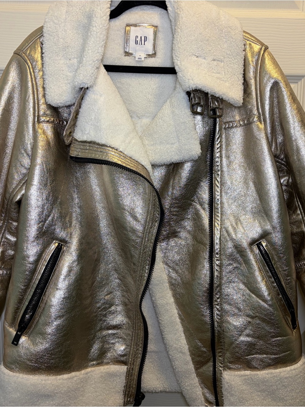 GAP Metallic Silver Faux-Shearling Aviator Jacket - Silver/White